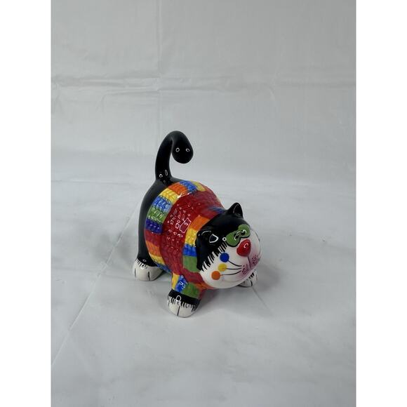 Amy Lacombe Ceramic Black Tuxedo Fat Cat Whimsical Rainbow Sweater Cat Lady - Picture 2 of 9